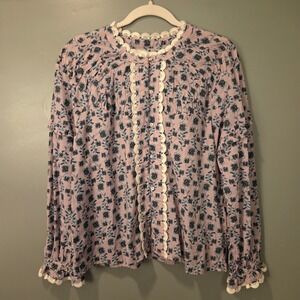 Cotelac Women's 100% Cotton Button Up Blouse Floral Print Crochet Trim